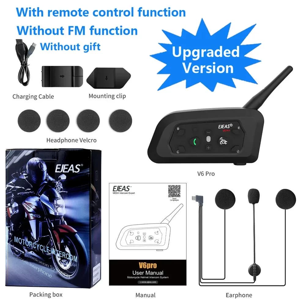 EJEAS V6 PRO + Bluetooth casque de moto Interphone casque avec 1200M Interphone communicateur pour 6