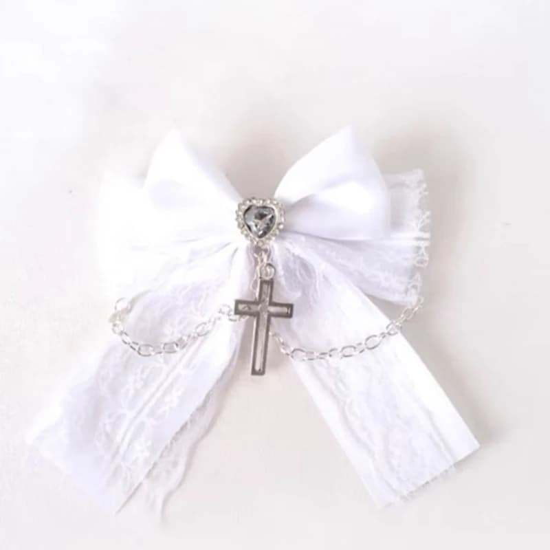 Barrette Gothique en Tissu avec Nœud, Dentelle et Chaîne Croisée, Accessoire Cheveux Vintage Romanti