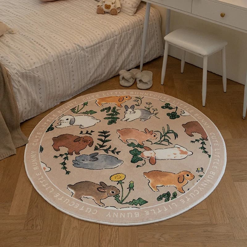 Tapis de salon imprimé lapins de dessin animé, moelleux, grande surface, rond, pour chambre d'enfant