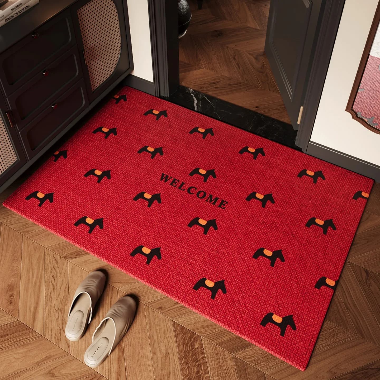 WELCOME – tapis avec motif de cheval mignon, paillasson rouge pour porte d'entrée, antidérapant, int