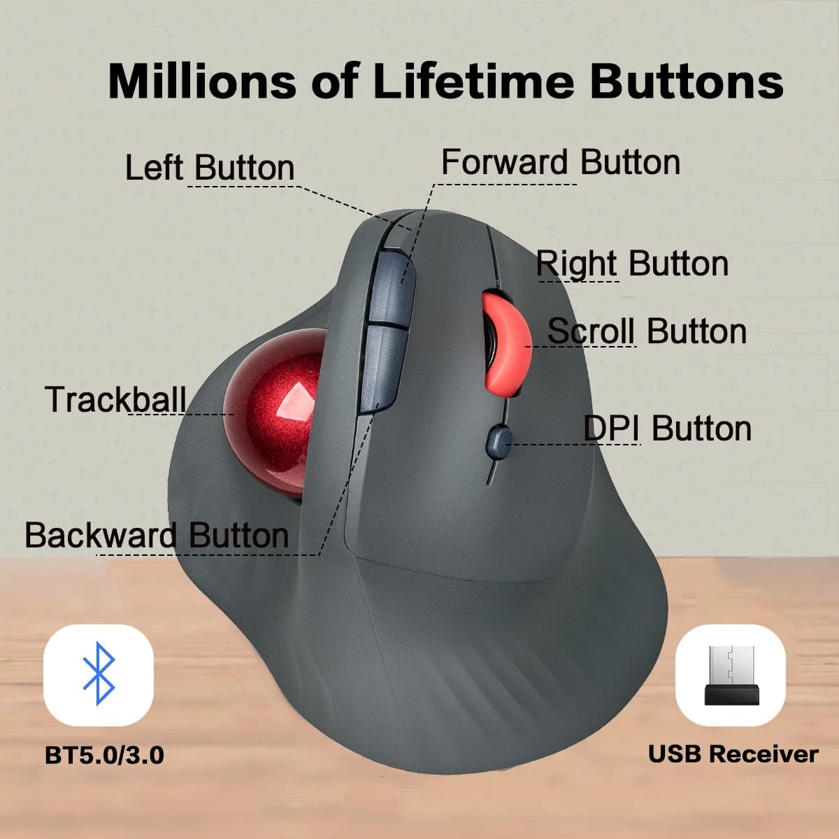 JOMAA souris Trackball sans fil souris Roller verticale Rechargeable souris de jeu ergonomique Slien