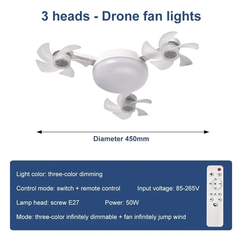 Ventilateur de plafond drone silencieux 2-en-1 avec télécommande, luminaire décoratif pour la maison