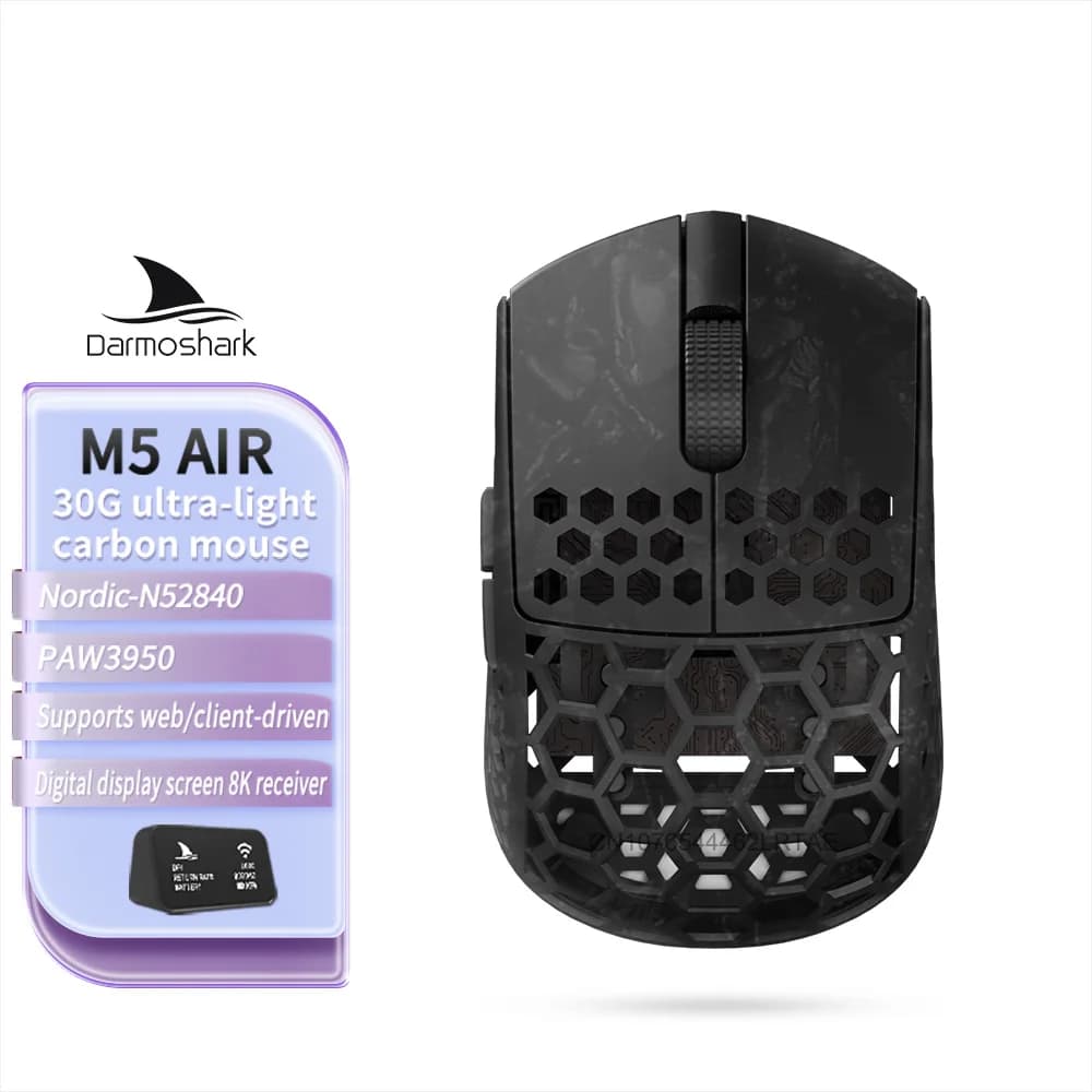Souris de jeu sans fil Darmoshark M5Air en fibre de carbone forgée, souris macro 8K, 30KDPI, poignée