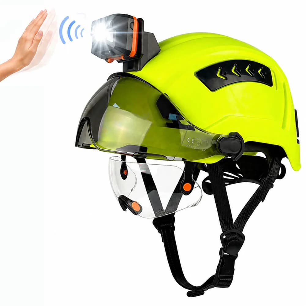 Casque de sécurité CE avec lampe frontale détachable, double visière, casque rigide ventilé en ABS,