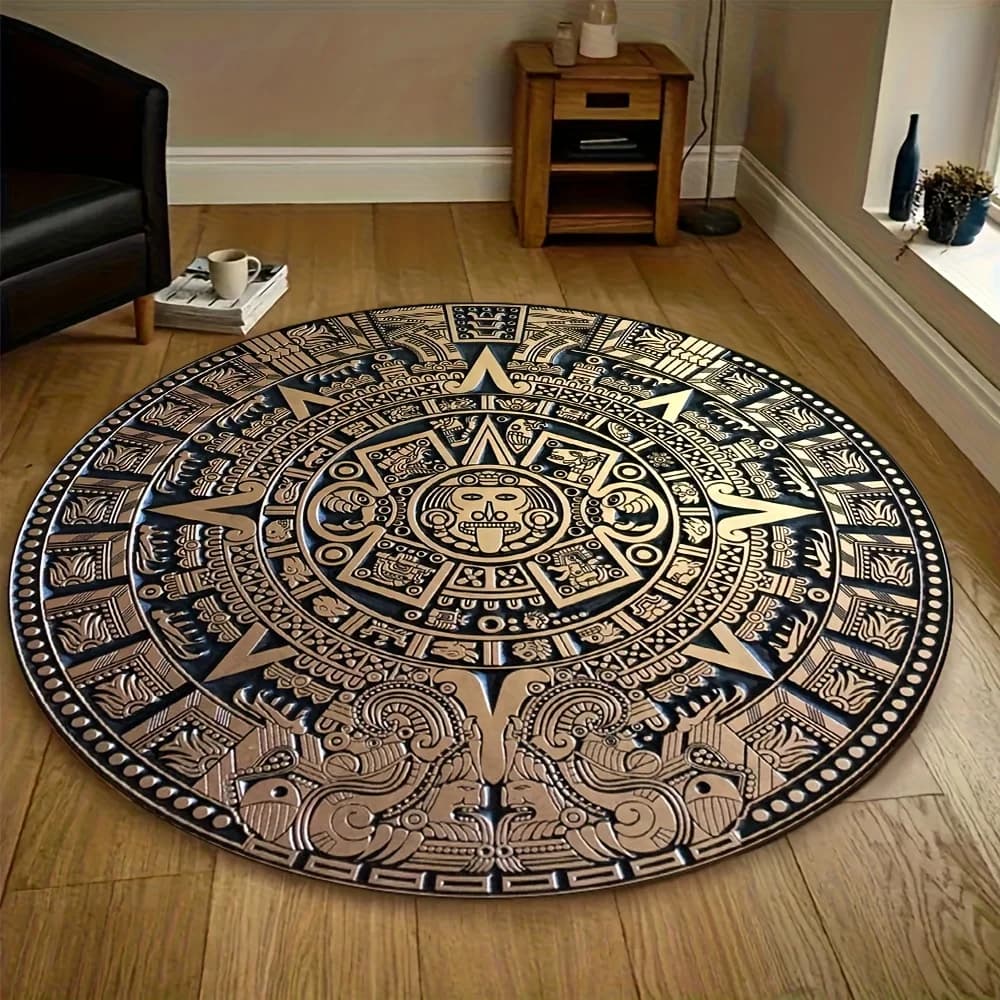 Tapis rond rétro calendrier solaire aztèque, culture maya, impression 3D, tapis antidérapant pour sa