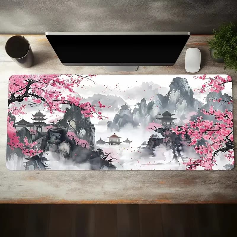 Grand tapis de souris fleur de cerisier, grand tapis de bureau, accessoires de bureau avec bord cous