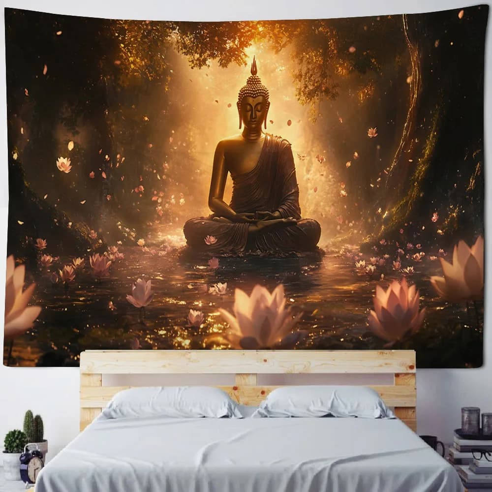 Tapisserie murale de statue de bouddha de méditation, art de la maison bohème, décoration d'Hiphelic
