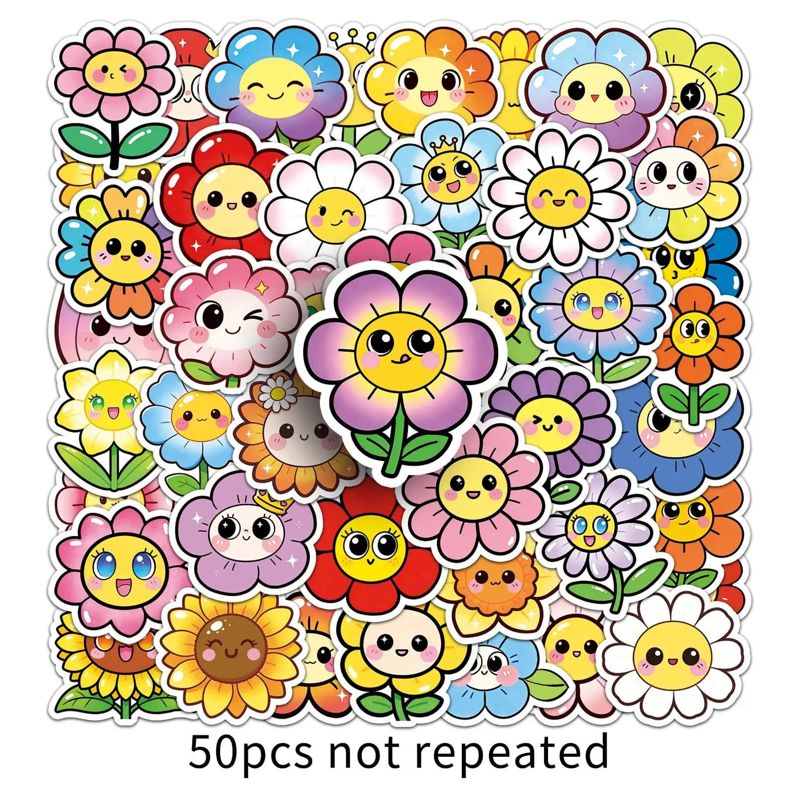 50 autocollants originaux en forme de fleurs smiley, motifs de fleurs mignonnes de dessins animés, t