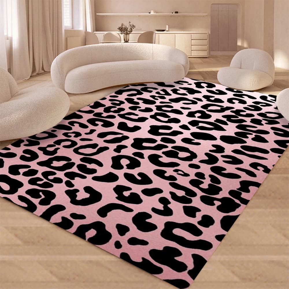 Tapis rose à imprimé léopard noir, doux, antidérapant, lavable, pour chambre à coucher, salon, canap