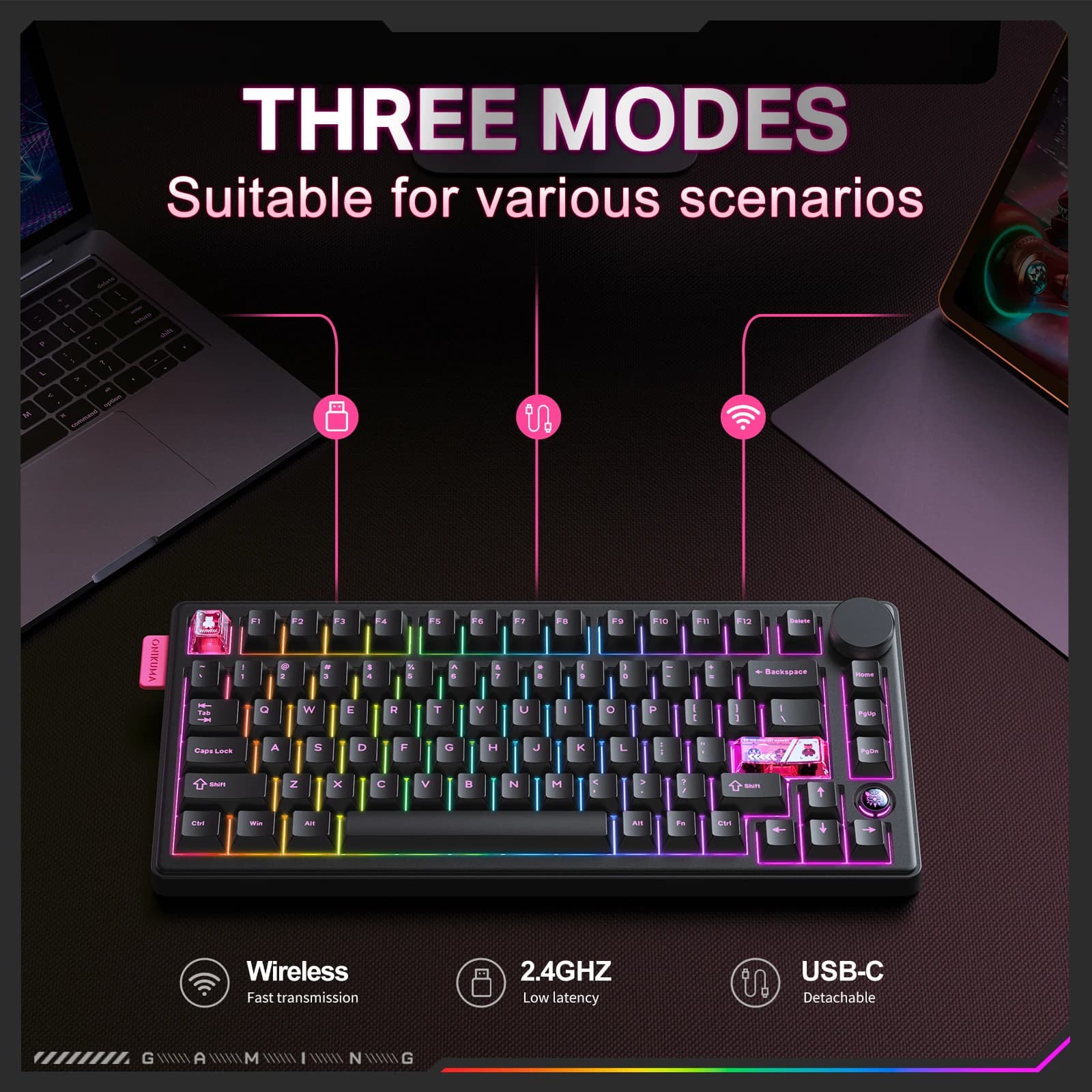 Onikuma 2025 nouveau clavier mécanique de jeu Mt706 Rgb 2.4g/filaire/Bt, clavier de jeu Pbt Rgb à 81 touches