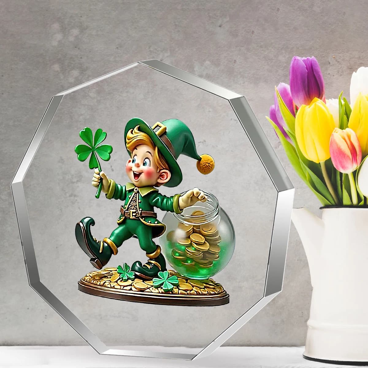 Décor acrylique du Léprechaun de la Saint-Patrick : trèfle à quatre feuilles et pot d'or