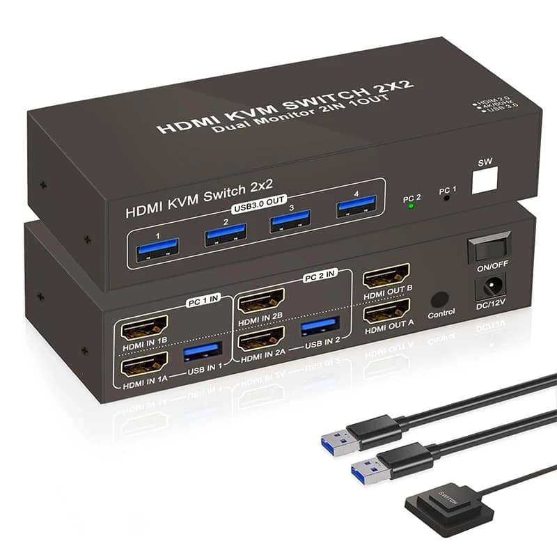 Commutateur KVM HDMI pour moniteur touristique, écran arc-en-ciel, port d'affichage USB, USB 3.0, 2 PC, partage de moniteur, 2x2, 4K, 60Hz