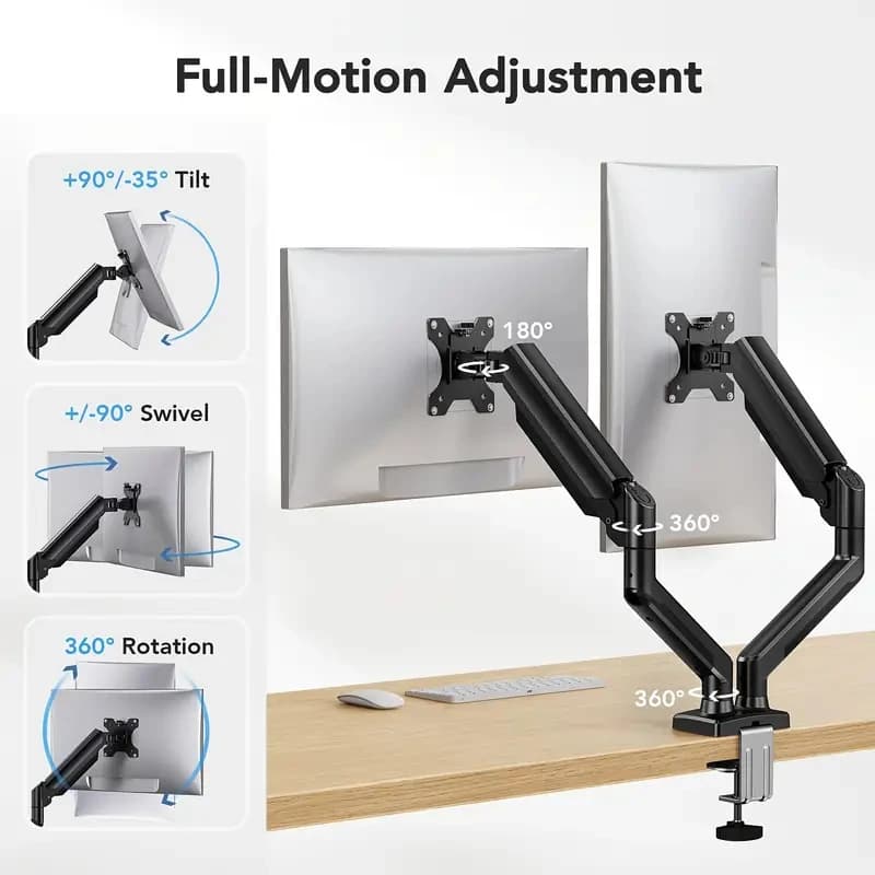 Support pour double moniteur pour écrans 13′′–32′′, support pour double moniteur réglable, avec 180 ° Pivotant, inclinaison, 360 ° Rotation pour le bureau à domicile