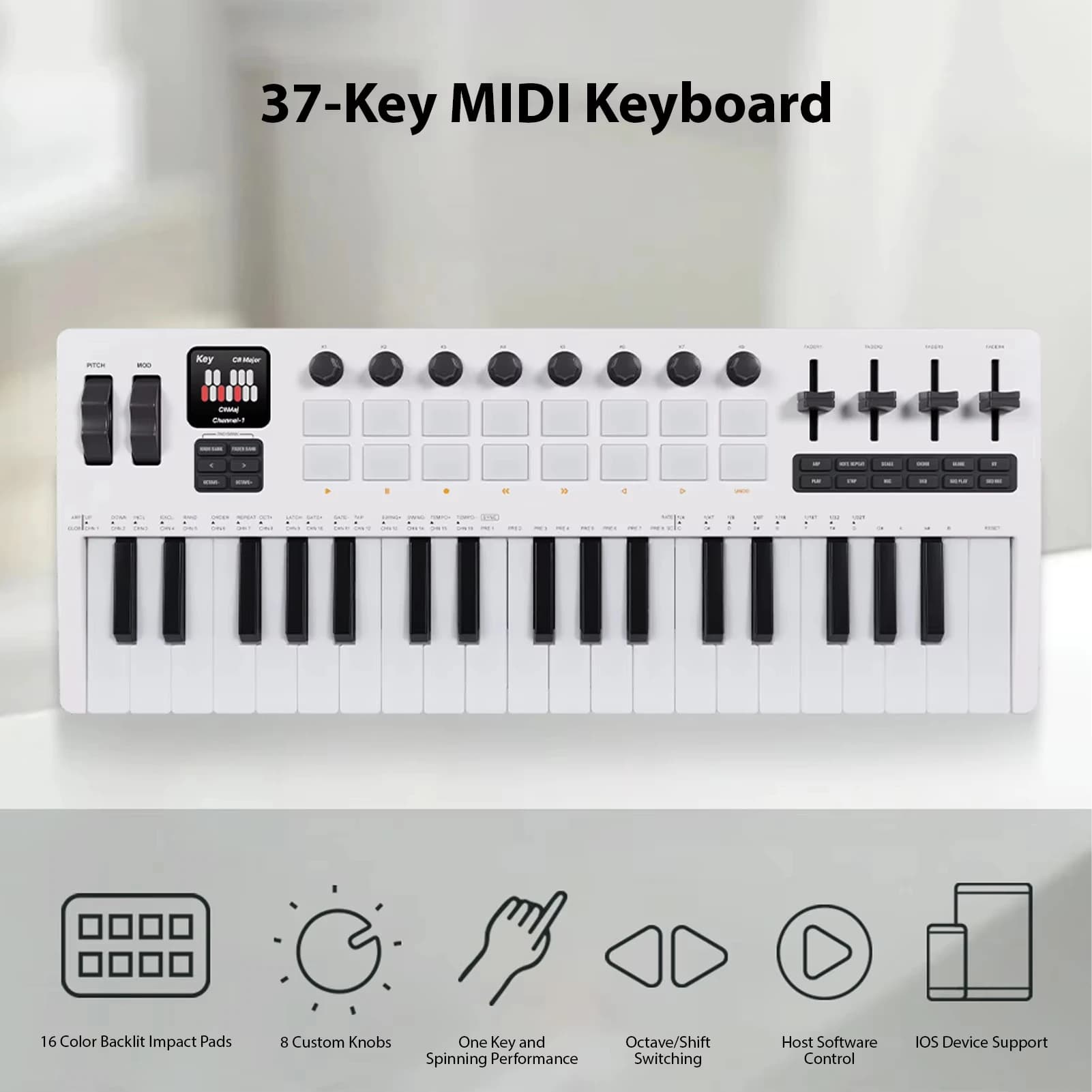 Contrôleur MIDI clavier M-VAVE SMK-37 Pro avec synthétiseur intégré | 16 coussinets de batterie rétroéclairés RVB